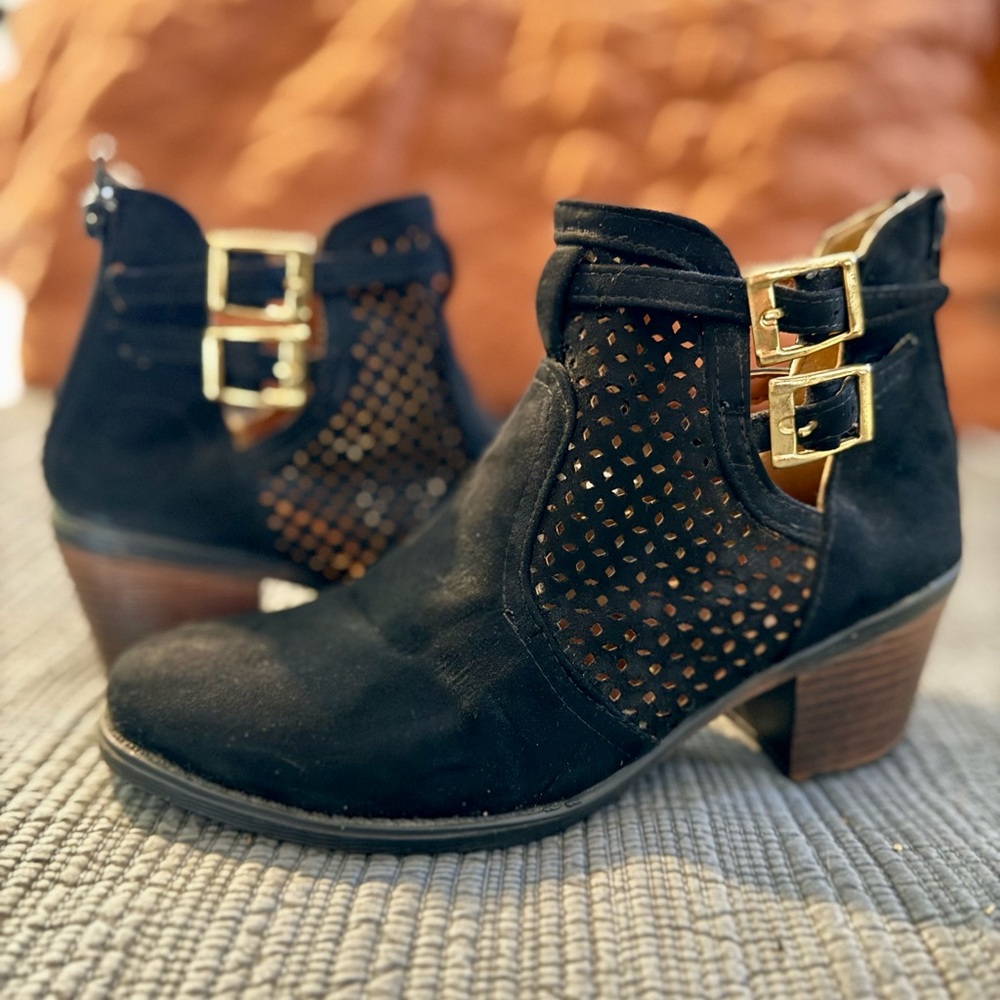 Black Leather Ankle Boots with Gold Buckles